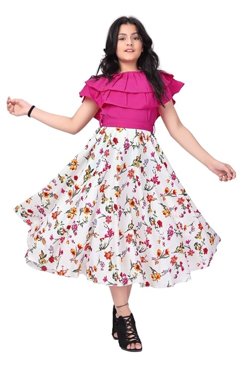 Aarya Girl's Ruffle Neck Printed Midi Length Dresses