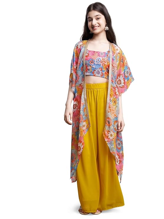 Curly Tales Girl's Georgette Printed Blouse & Kaftan Shruge with Palazzo Set