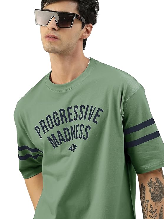 Maniac Mens Printed Round Neck Half Sleeve White and Green Cotton Oversized T-Shirt