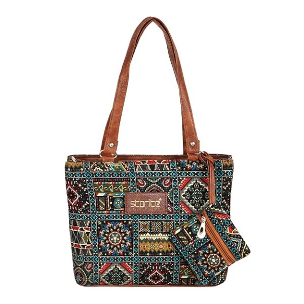 Storite Women's Tote Bag With Leather Handles & Embroidery Printed Handbag With Zip Pockets, Shoulder Tote Bag And Handbag For Office And College (30x25x9.5Cm)